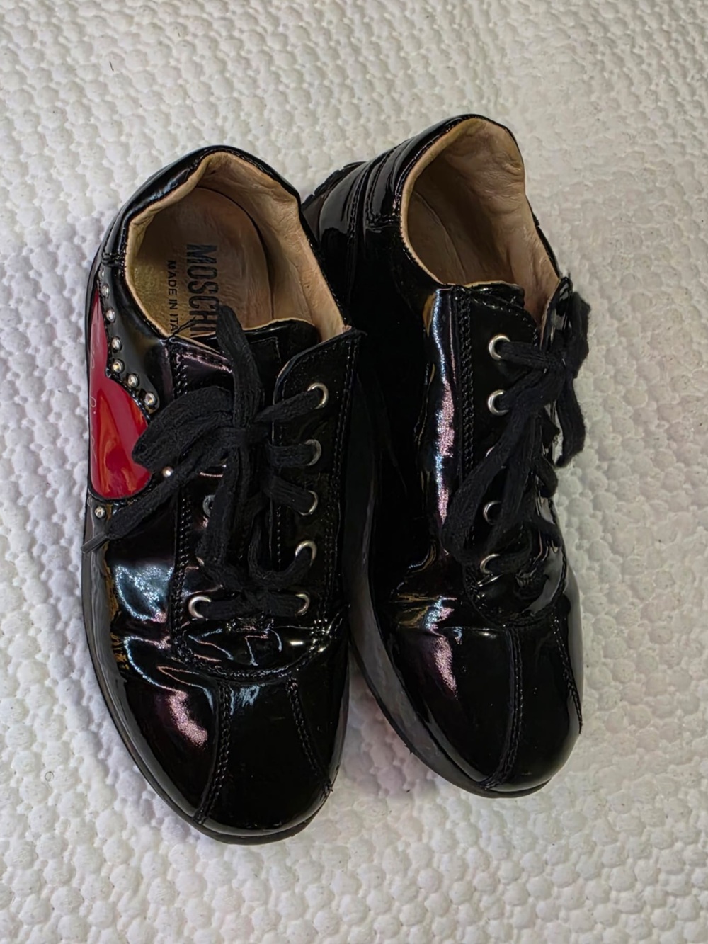 Moschino Black Patent Leather Sneakers with Red Heart Accent